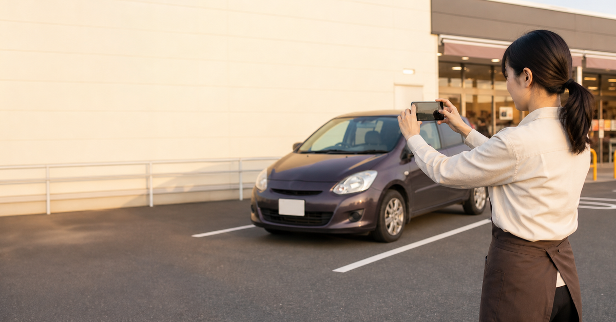 迷惑駐車対策のため、駐車場でスマートフォンを使って車両を撮影・記録する利用シーンのイメージ